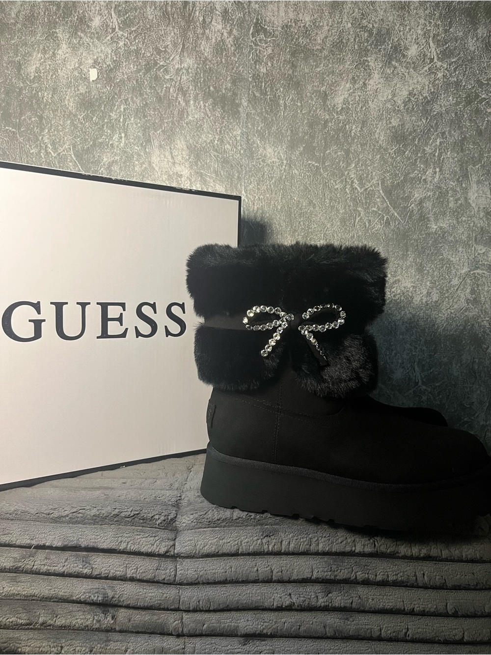 Guess Black Faux-Fur Crystal Bow Platform Ankle Booties